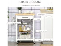 Desserte Chariot De Cuisine Sur Roulettes Avec Plan De Travail, 2 Paniers Coulissants, 1 Porte-torchons - Blanc -Electroménager Soldes meuble de rangement 9437133