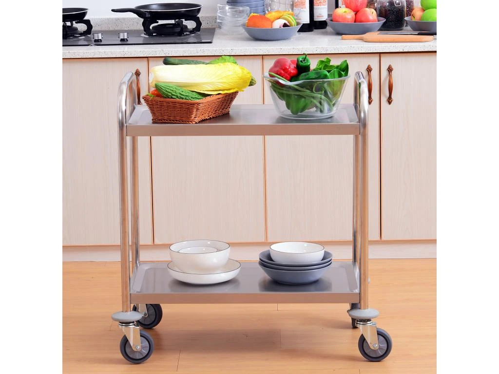 HOMCOM Chariot De Service Desserte De Cuisine à Roulettes 2 étagères 71L X 41l X 81H Cm Acier Inox. Chromé 3 HOMCOM Chariot De Service Desserte De Cuisine à Roulettes 2 étagères 71L X 41l X 81H Cm Acier Inox. Chromé