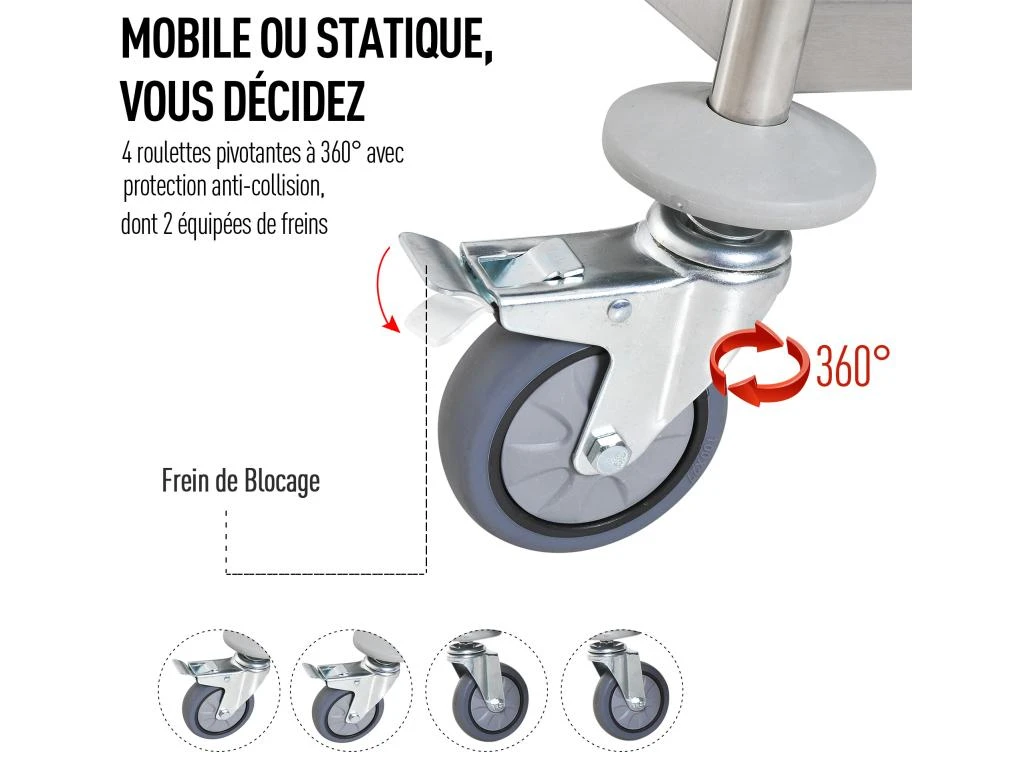 HOMCOM Chariot De Service Desserte De Cuisine à Roulettes 2 étagères 71L X 41l X 81H Cm Acier Inox. Chromé 6 HOMCOM Chariot De Service Desserte De Cuisine à Roulettes 2 étagères 71L X 41l X 81H Cm Acier Inox. Chromé – Image 4