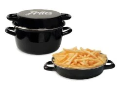 Friteuse Coloris Noir Décor Frites 26 Cm Couvercle émail Et Panier