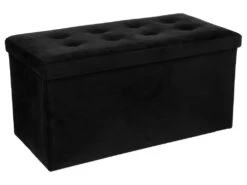 2 En 1 Pouf Pliant Double Et Coffre De Rangement Velours Noir 76 X H 38 Cm
