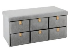 Pouf Pliant Double Avec 6 Tiroirs Coloris Gris Suède 76.5 X H 38 Cm