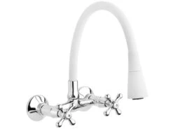 Robinet Mural Avec Bec Flexible Et Mitigeur à Têtes En Croix Blanc/Chrome