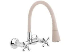 Robinet Mural Avec Bec Flexible Et Mitigeur à Têtes En Croix Beige/Chrome