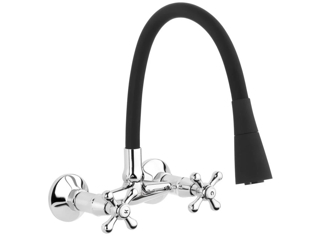 Robinet Mural Avec Bec Flexible Et Mitigeur à Têtes En Croix Noir/Chrome 3 Robinet Mural Avec Bec Flexible Et Mitigeur à Têtes En Croix Noir/Chrome