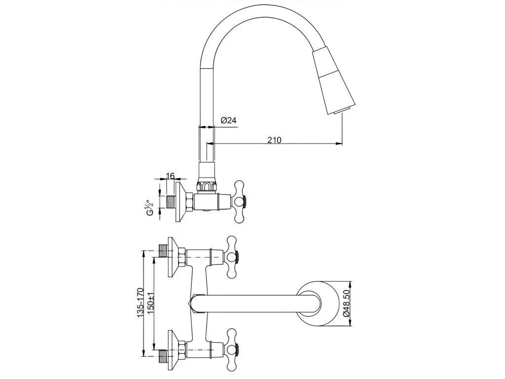 Robinet Mural Avec Bec Flexible Et Mitigeur à Têtes En Croix Noir/Chrome 4 Robinet Mural Avec Bec Flexible Et Mitigeur à Têtes En Croix Noir/Chrome – Image 2