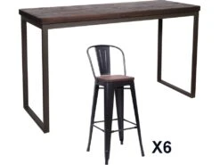 NEVADA - Table Et Chaises Hautes En Bois Massif Foncé Et Acier Gris L 180