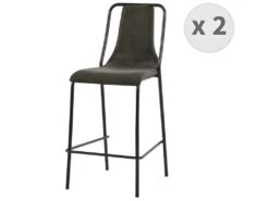HARLEM - Chaises De Bar Industrielle Microfibre Vintage Marron Foncé Pieds Métal Noir (x2)