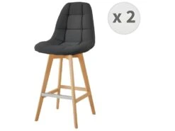 OWEN - Chaise De Bar Scandinave Tissu Anthracite Pied Hêtre (x2)