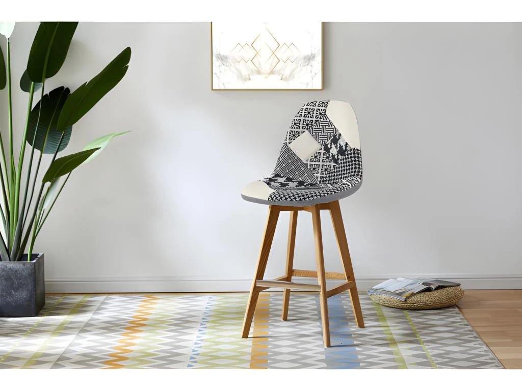OWEN - Chaise De Bar Tissu Scandinave Patchwork Noir Pieds Hêtre (x2) 4 OWEN - Chaise De Bar Tissu Scandinave Patchwork Noir Pieds Hêtre (x2) – Image 2