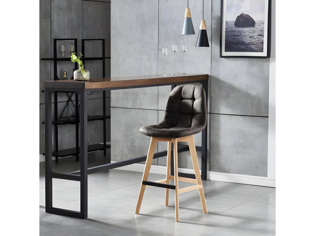 OWEN OAK - Chaise De Bar Vintage Microfibre Marron Foncé Pieds Chêne(x4) 4 OWEN OAK - Chaise De Bar Vintage Microfibre Marron Foncé Pieds Chêne(x4) – Image 2