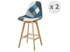 OWEN - Chaise De Bar Scandinave Tissu Patchwork Bleu Pieds Hêtre (x2)