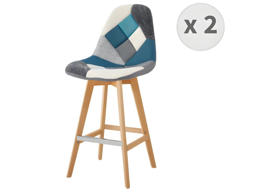OWEN - Chaise De Bar Scandinave Tissu Patchwork Bleu Pieds Hêtre (x2) 3 OWEN - Chaise De Bar Scandinave Tissu Patchwork Bleu Pieds Hêtre (x2)