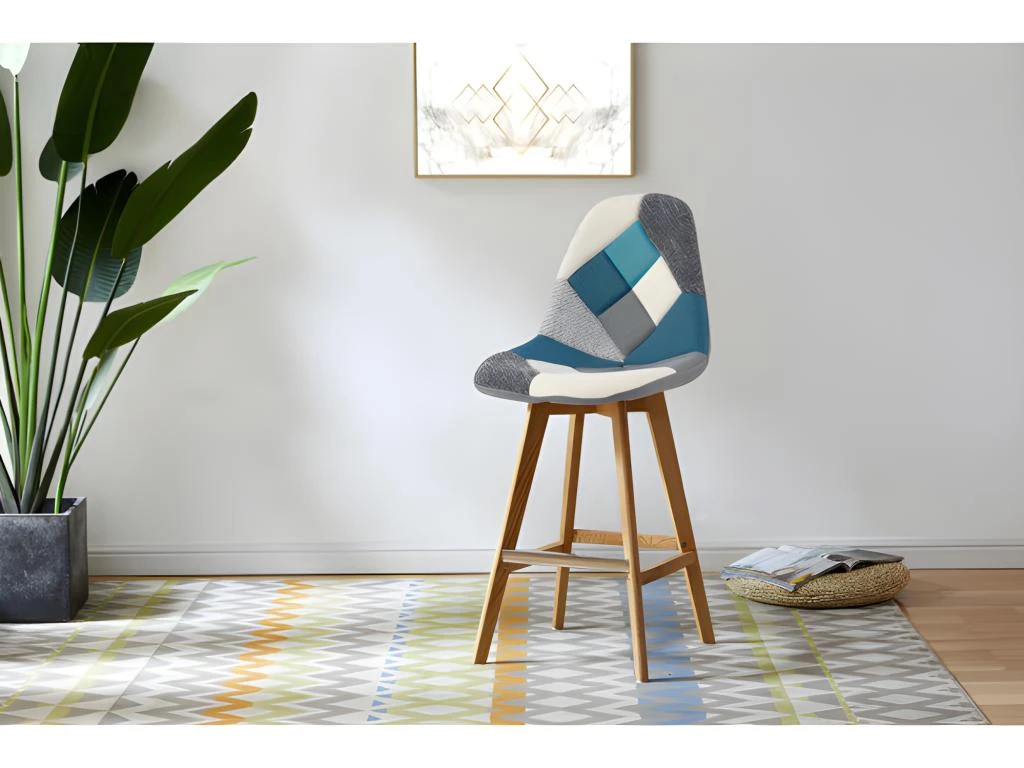 OWEN - Chaise De Bar Scandinave Tissu Patchwork Bleu Pieds Hêtre (x2) 4 OWEN - Chaise De Bar Scandinave Tissu Patchwork Bleu Pieds Hêtre (x2) – Image 2