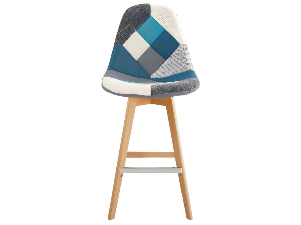 OWEN - Chaise De Bar Scandinave Tissu Patchwork Bleu Pieds Hêtre (x2) 7 OWEN - Chaise De Bar Scandinave Tissu Patchwork Bleu Pieds Hêtre (x2) – Image 5