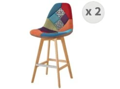 OWEN - Chaise De Bar Scandinave Tissu Patchwork Rouge Pieds Hêtre (x2)