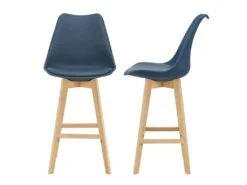 Lot De 2 Tabourets De Bar Siège Avec Dossier Et Repose-pied Rembourré Synthétique Hêtre 105 Cm Bleu 03_0002778