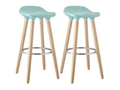 BIBENNE - Lot De 2 Tabourets De Bar Bleu Et Pieds Aspect Bois