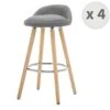 JENSEN - Tabouret De Bar Scandinave Tissu Gris Pieds Hêtre (x4)