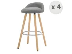 JENSEN - Tabouret De Bar Scandinave Tissu Gris Pieds Hêtre (x4)