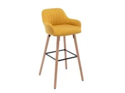 Tabouret De Bar En Tissu Et Pieds Bois De Hêtre - Jaune - ELEANA