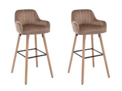 Lot De 2 Tabourets De Bar En Velours Et Pieds Bois De Hêtre - Beige - ELEANA