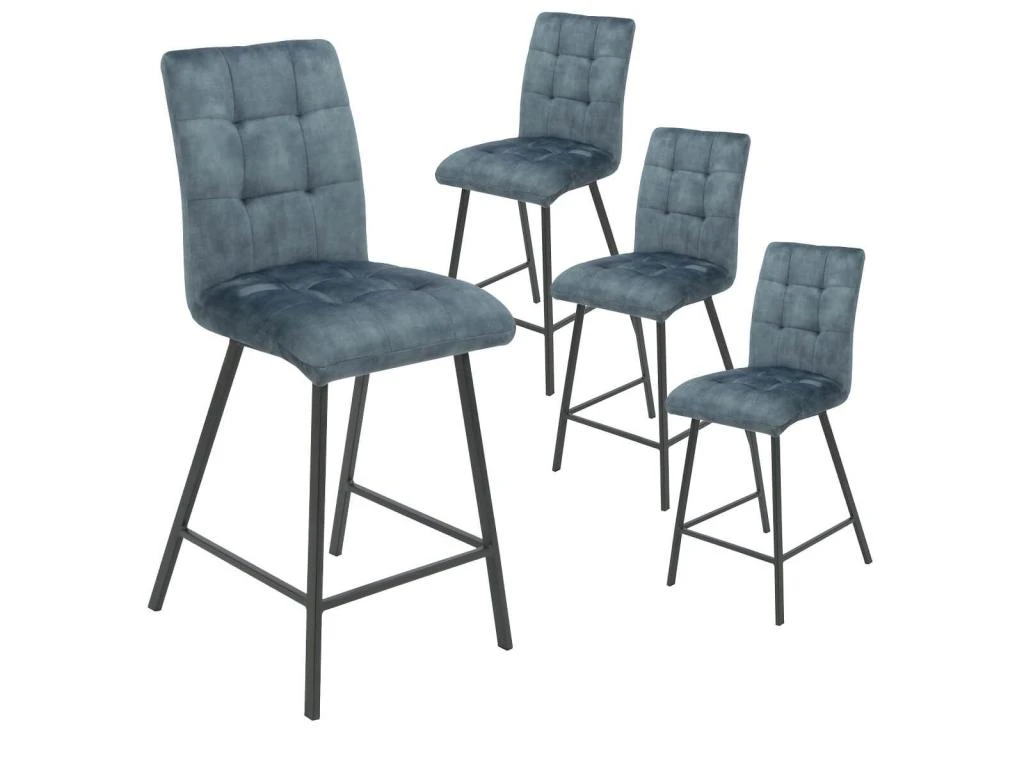 JOHN - Lot De 4 Tabourets De Bar Capitonnés Bleu Gris 3 JOHN - Lot De 4 Tabourets De Bar Capitonnés Bleu Gris