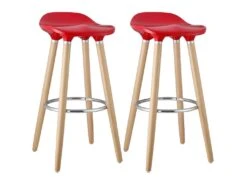 BIBENNE - Lot De 2 Tabourets De Bar Rouge Et Pieds Aspect Bois
