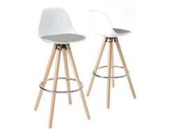 KAYELLES Lot De 2 Tabourets Design Scandinave Coussin SANA (blanc Gris)