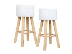 KALAK - Lot De 2 Tabourets Tissu Blanc Bouclettes Pieds Bois