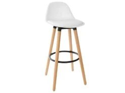 Tabouret De Bar Confortable Assise Blanche Et Pieds En Bois H 92 Cm