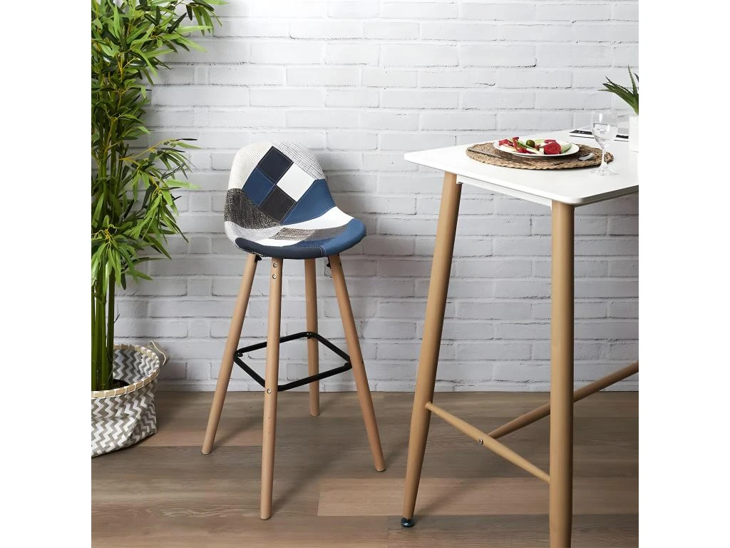 DAMAS - Lot De 6 Tabourets Patchwork Bleu Et Gris 4 DAMAS - Lot De 6 Tabourets Patchwork Bleu Et Gris – Image 2