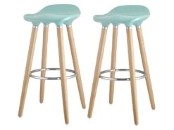 OSLO Lot De 2 Tabourets De Bar Bleu Laqué + Pieds Hetre Massif - Contemporain - L 39 X P 40 Cm