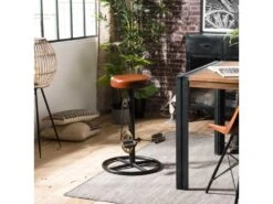 ROBIN - Tabouret De Bar Industriel Cuir Marron Pieds Métal Noir Déco Pédales