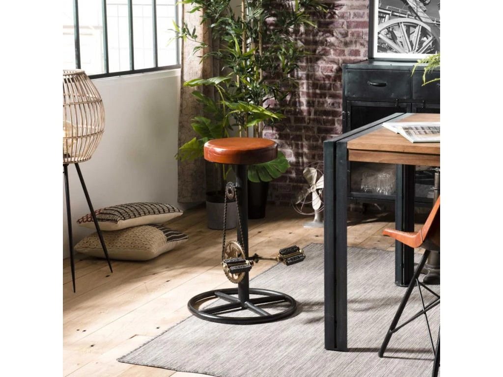ROBIN - Tabouret De Bar Industriel Cuir Marron Pieds Métal Noir Déco Pédales 3 ROBIN - Tabouret De Bar Industriel Cuir Marron Pieds Métal Noir Déco Pédales