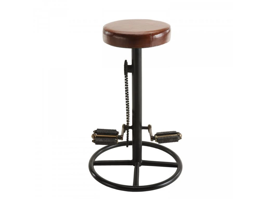 ROBIN - Tabouret De Bar Industriel Cuir Marron Pieds Métal Noir Déco Pédales 4 ROBIN - Tabouret De Bar Industriel Cuir Marron Pieds Métal Noir Déco Pédales – Image 2