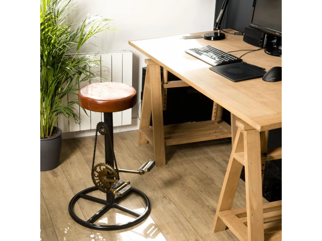 ROBIN - Tabouret De Bar Industriel Cuir Marron Pieds Métal Noir Déco Pédales 5 ROBIN - Tabouret De Bar Industriel Cuir Marron Pieds Métal Noir Déco Pédales – Image 3