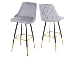 2x Tabourets De Bar Comptoir Chaise Haute Pieds Dorés En Velours Design Rétro Gris Dossier Capitonné 04_0000493