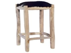 Tabouret De Bar Cuir De Chèvre Véritable Et Bois De Teck Massif
