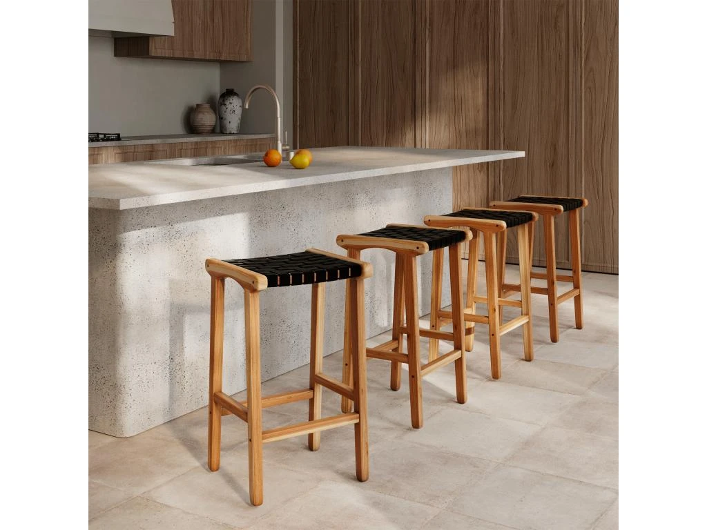 Tabouret De Bar Mi-hauteur Kuna En Cuir Tressé Noir 68 Cm 4 Tabouret De Bar Mi-hauteur Kuna En Cuir Tressé Noir 68 Cm – Image 2