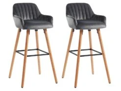 Lot De 2 Tabourets De Bar En Velours Et Pieds Bois De Hêtre - Gris - ELEANA