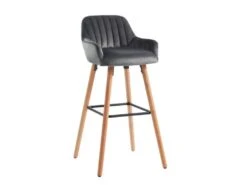 Tabouret De Bar En Velours Et Pieds Bois De Hêtre - Gris - ELEANA