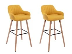 Lot De 2 Tabourets De Bar En Tissu Et Pieds Bois De Hêtre - Jaune - ELEANA